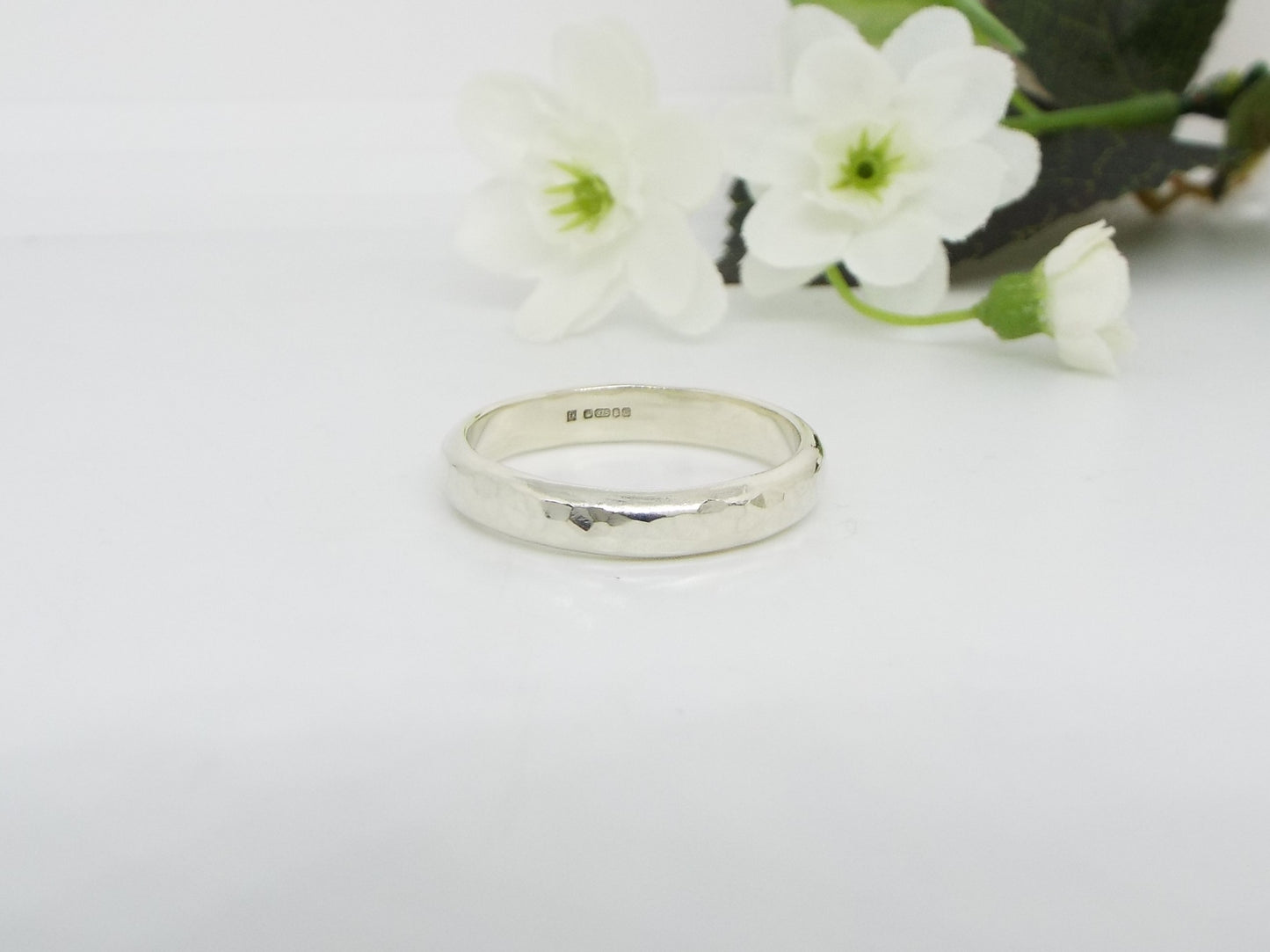 His and Hers 9ct White Gold Wedding Band Set - Hammered finish